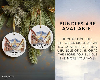 Custom Guatemala Antigua ceramic photo ornament with personalized message – handmade Christmas bauble, gift souvenir, or vacation keepsake. Bundles are available