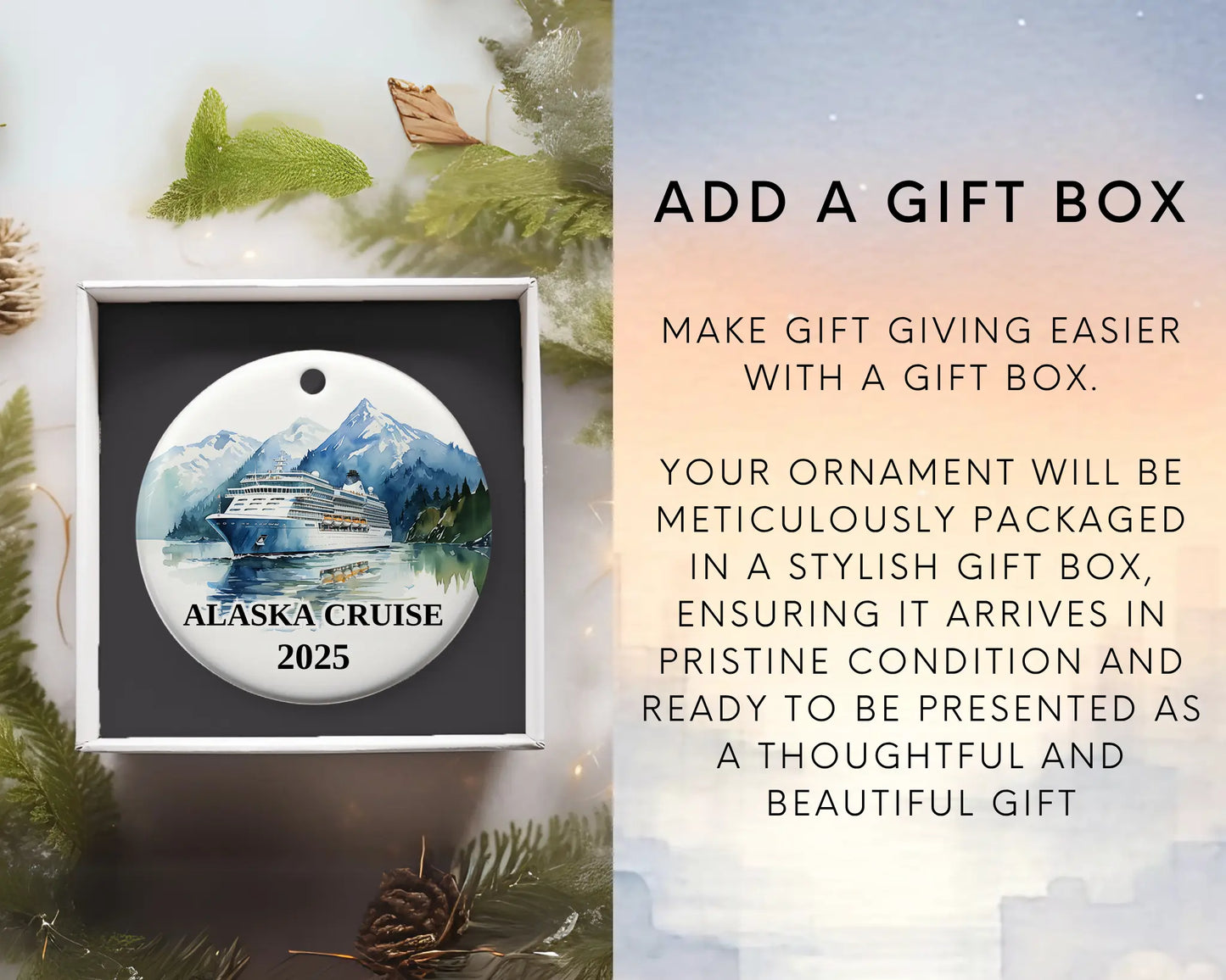 Custom Alaska ceramic photo ornament with personalized message – handmade Christmas bauble, gift souvenir, or vacation keepsake. Add Gift Box