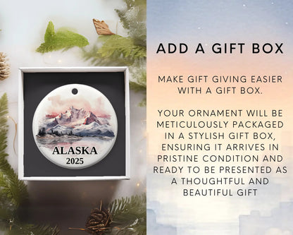 Custom Alaska ceramic photo ornament with personalized message – handmade Christmas bauble, gift souvenir, or vacation keepsake. Add gift box