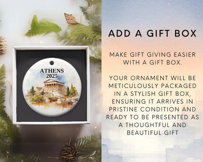 Custom Athens, Greece ceramic photo ornament with personalized message – handmade Christmas bauble, gift souvenir, or vacation keepsake. Add gift box