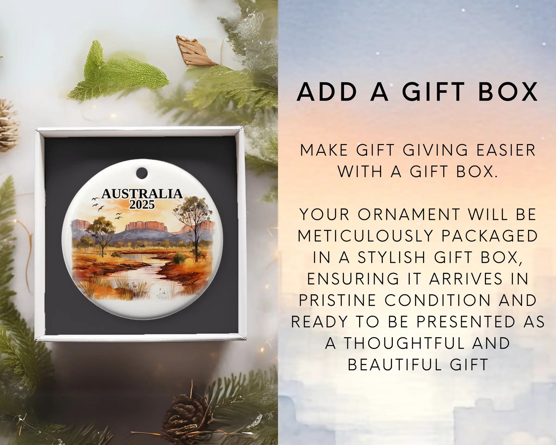Custom Australia ceramic photo ornament with personalized message – handmade Christmas bauble, gift souvenir, or vacation keepsake. Gift Box
