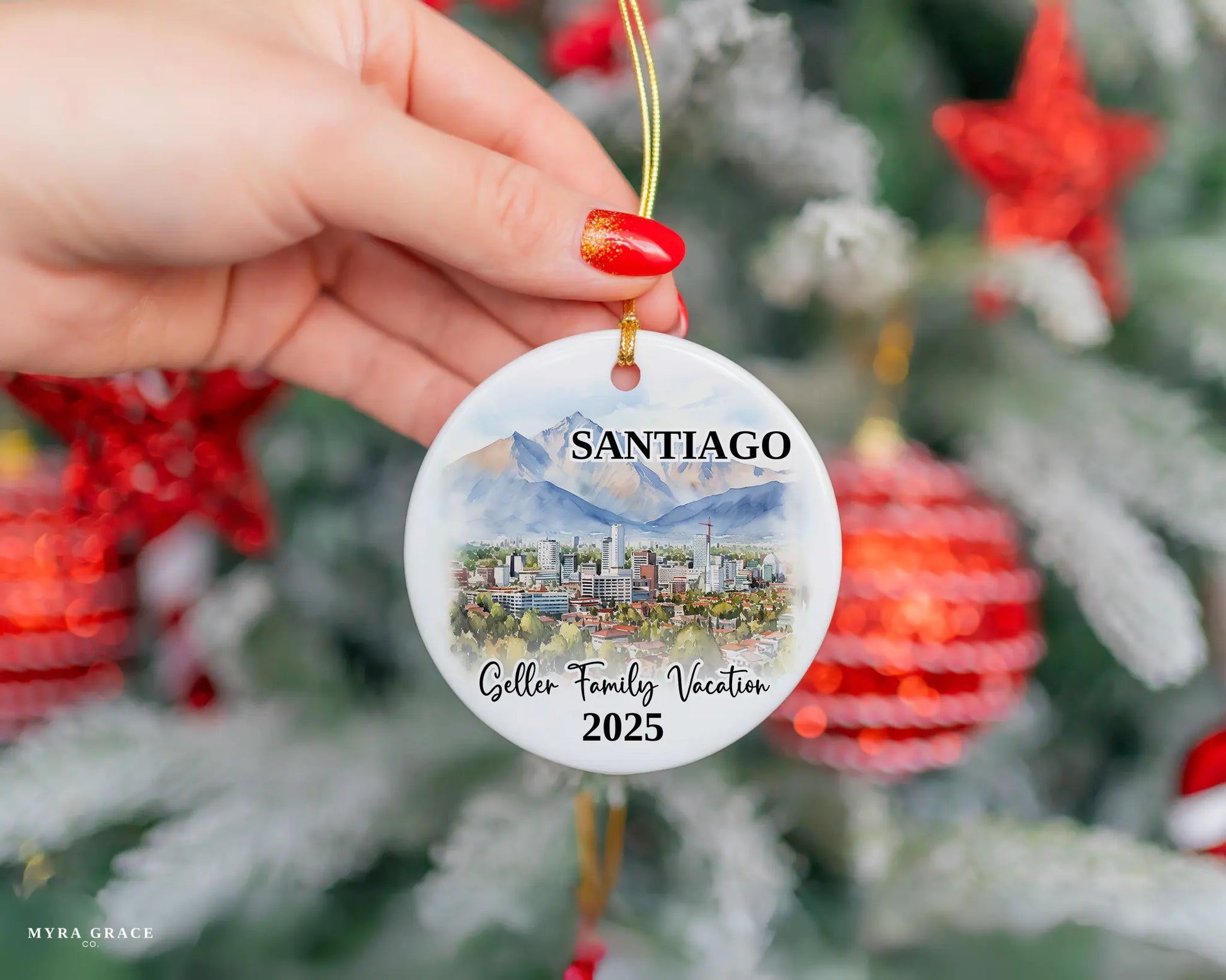 Custom vacation Santiago Chile ceramic photo ornament with personalized message – handmade Christmas bauble, gift souvenir, or vacation keepsake. 