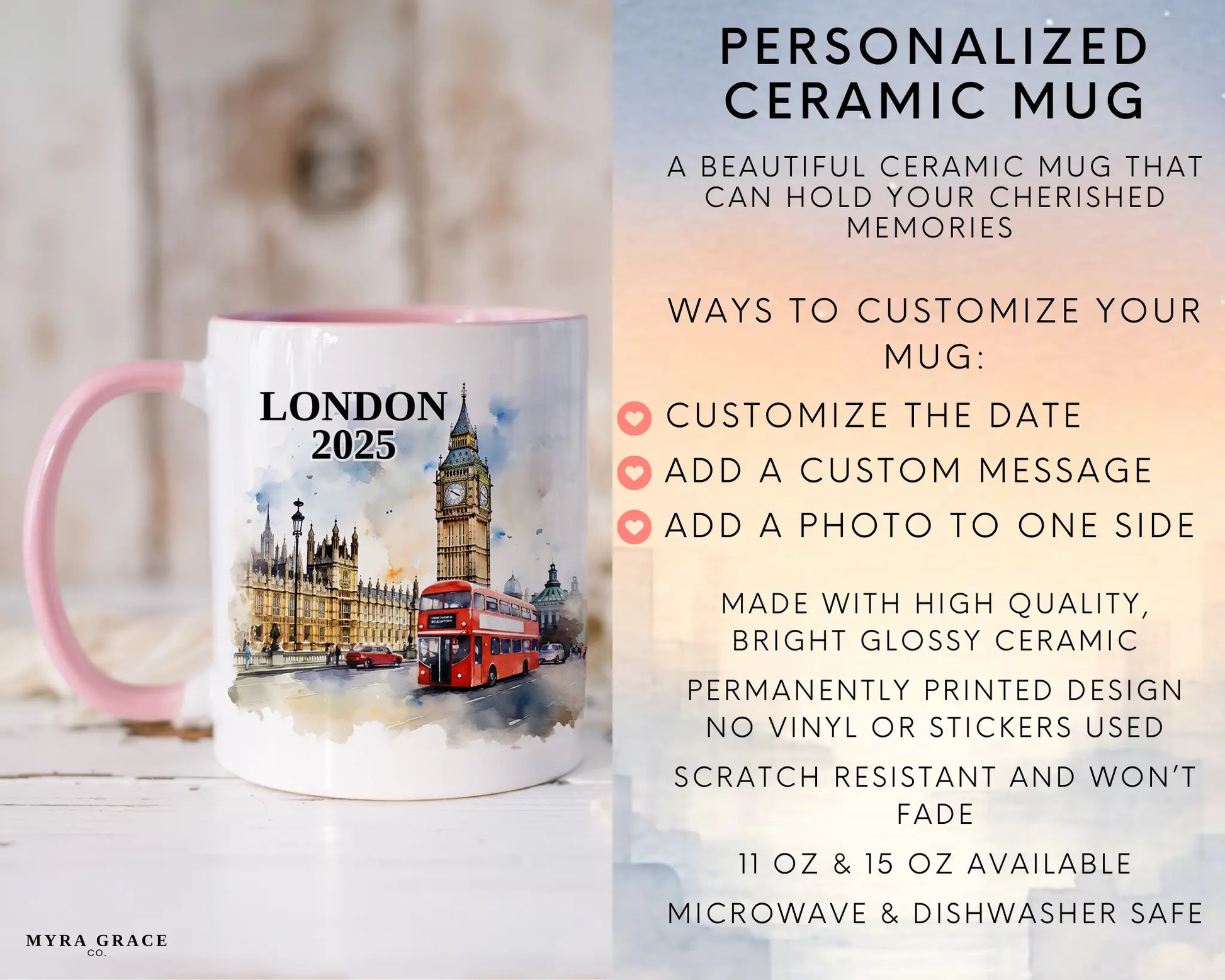 Custom ceramic London vacation mug with watercolor location design, date, and personal photo – personalized travel gift or photo mug. Infographic