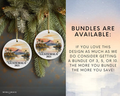 Custom Guatemala ceramic photo ornament with personalized message – handmade Christmas bauble, gift souvenir, or vacation keepsake. Bundles are available