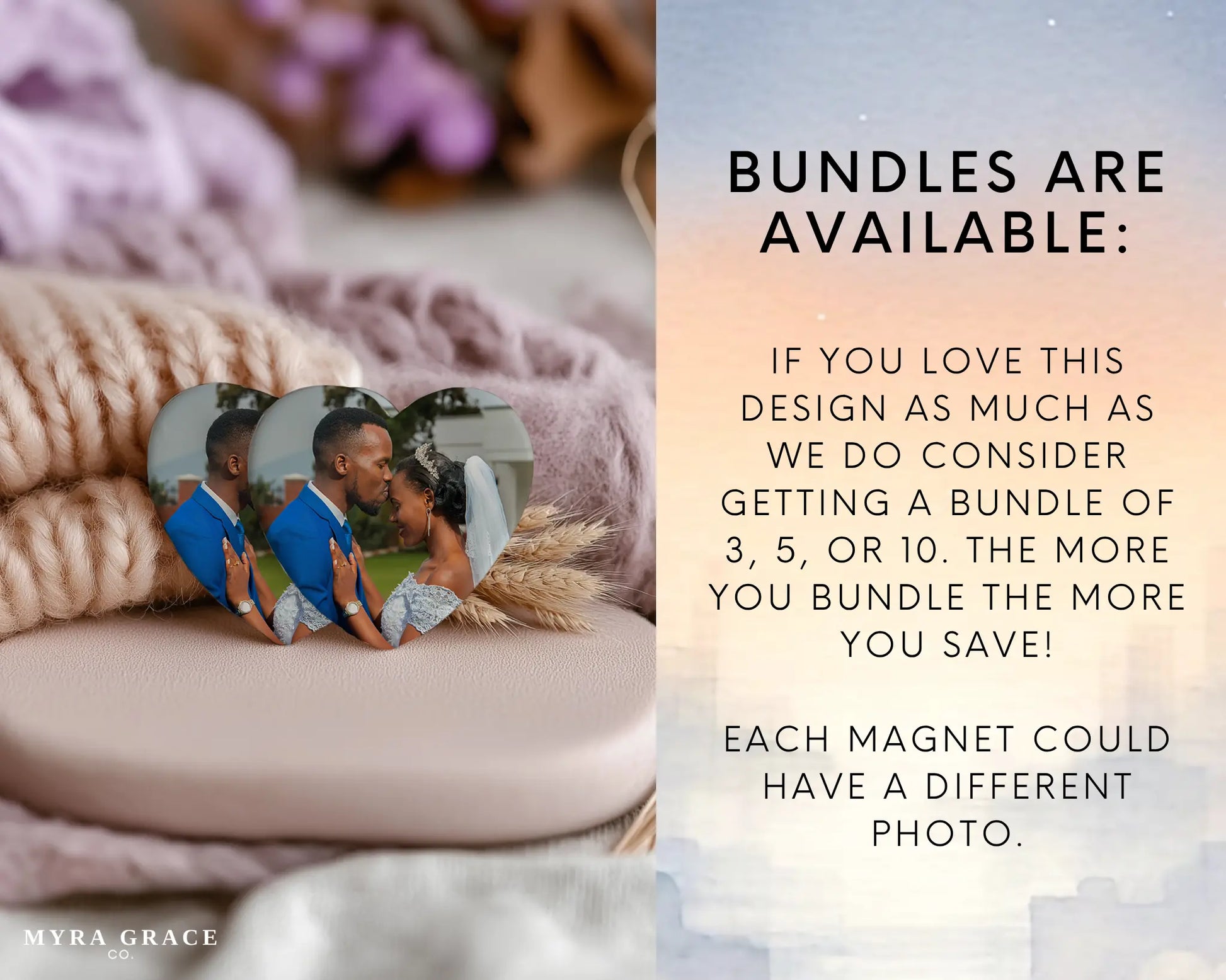Heart-shaped custom wedding ceramic photo magnet on fridge – handmade personalized gift or Christmas fridge magnet. Bundles are available