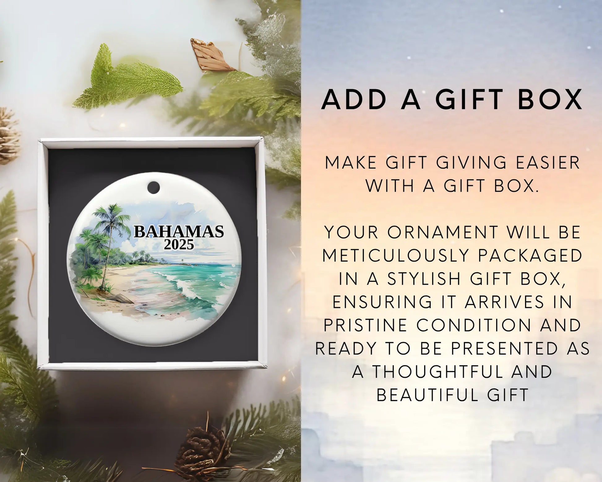 Custom Bahamas ceramic photo ornament with personalized message – handmade Christmas bauble, gift souvenir, or vacation keepsake. Gift Box