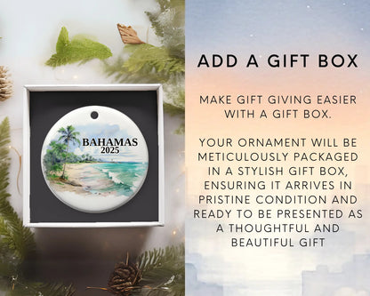 Custom Bahamas ceramic photo ornament with personalized message – handmade Christmas bauble, gift souvenir, or vacation keepsake. Gift Box