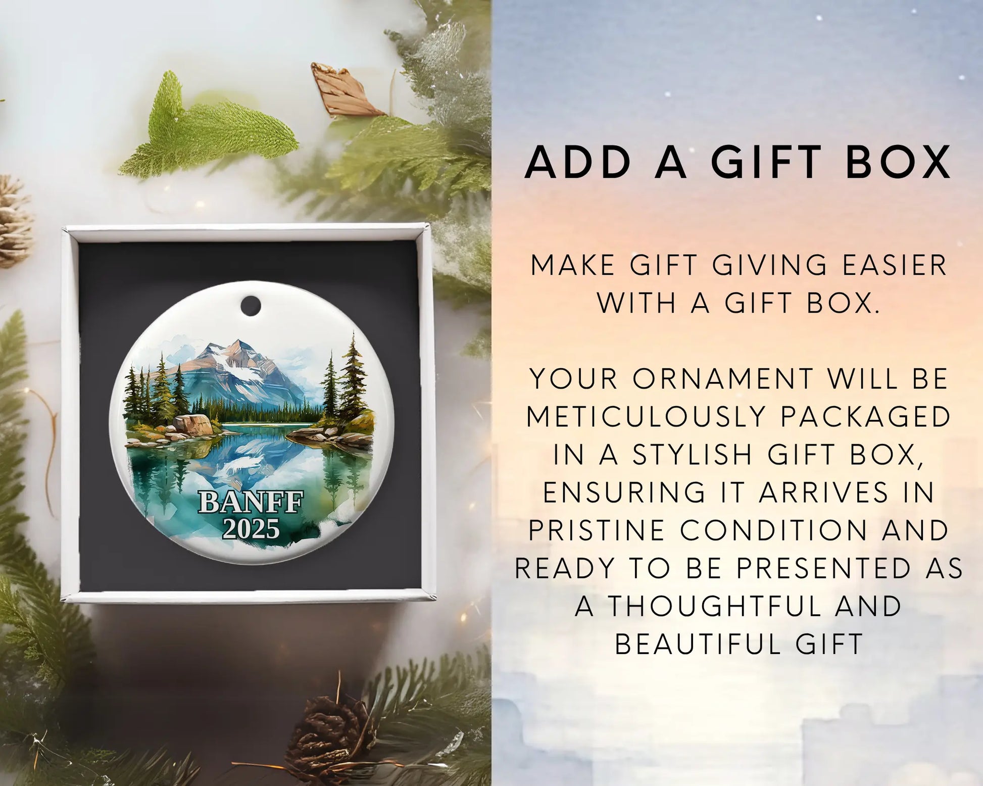 Custom Banff, Canada ceramic photo ornament with personalized message – handmade Christmas bauble, gift souvenir, or vacation keepsake. Add Gift Box