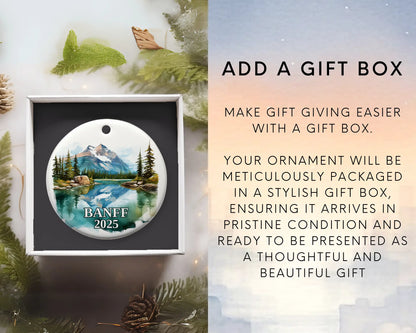 Custom Banff, Canada ceramic photo ornament with personalized message – handmade Christmas bauble, gift souvenir, or vacation keepsake. Add Gift Box
