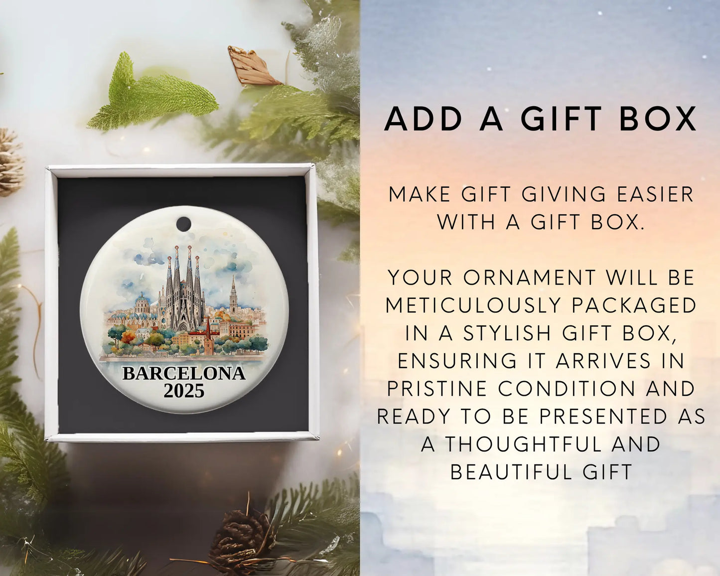 Custom Barcelona, Spain ceramic photo ornament with personalized message – handmade Christmas bauble, gift souvenir, or vacation keepsake. Add Gift Box