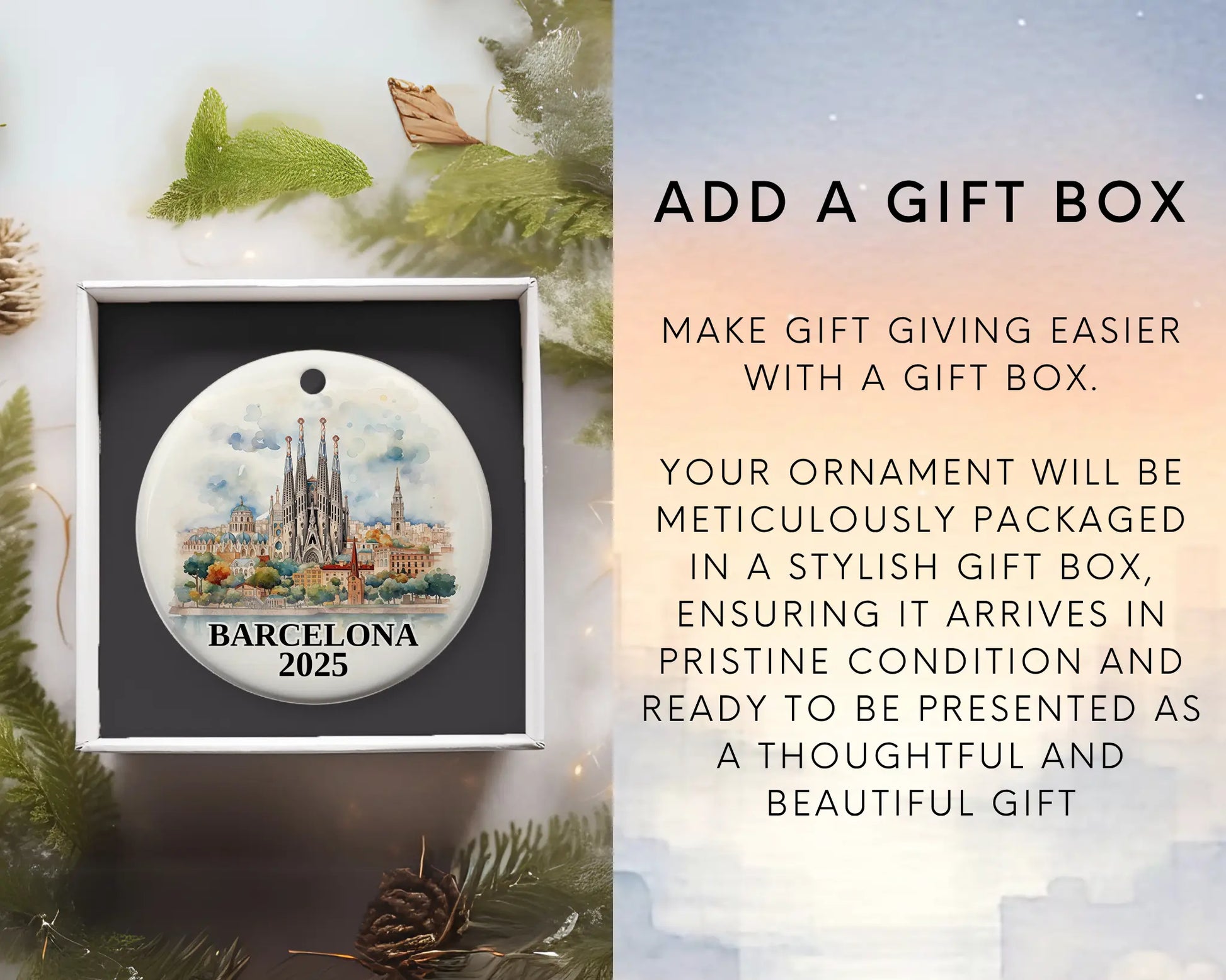 Custom Barcelona, Spain ceramic photo ornament with personalized message – handmade Christmas bauble, gift souvenir, or vacation keepsake. Add Gift Box