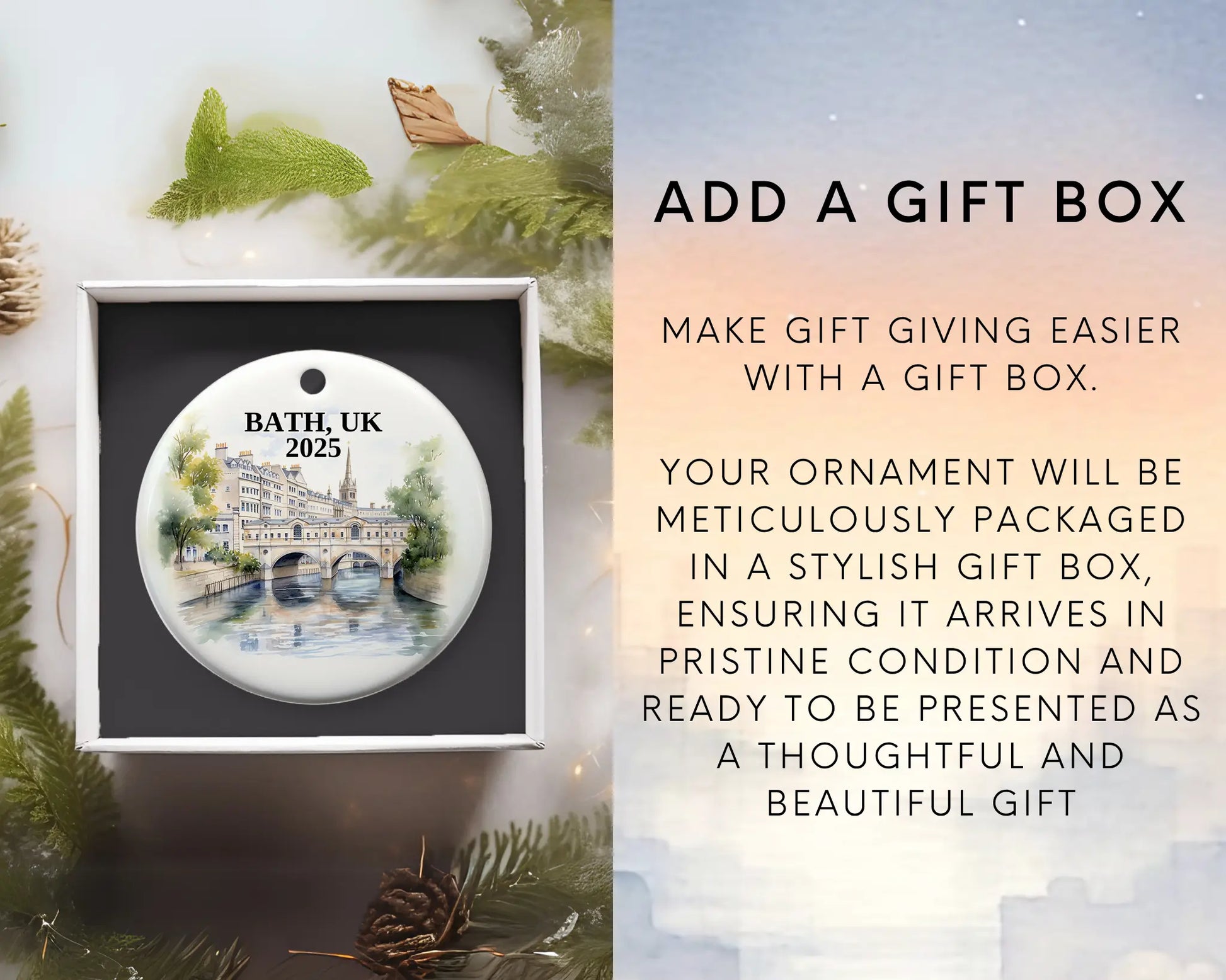 Custom Bath UK ceramic photo ornament with personalized message – handmade Christmas bauble, gift souvenir, or vacation keepsake. Add Gift Box