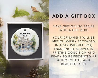 Custom Bath UK ceramic photo ornament with personalized message – handmade Christmas bauble, gift souvenir, or vacation keepsake. Add Gift Box
