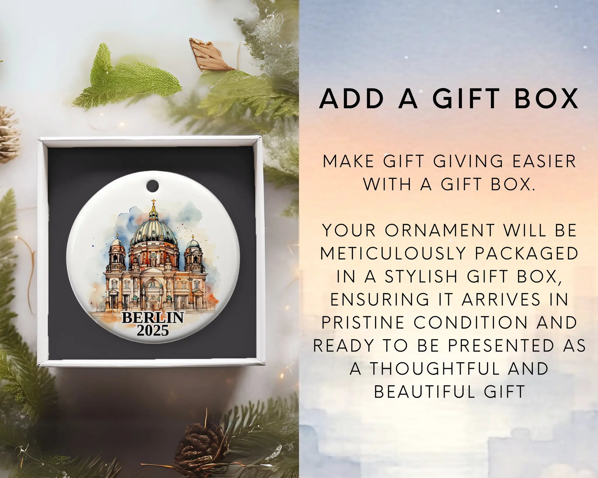 Custom Berlin Germany ceramic photo ornament with personalized message – handmade Christmas bauble, gift souvenir, or vacation keepsake. Add gift box