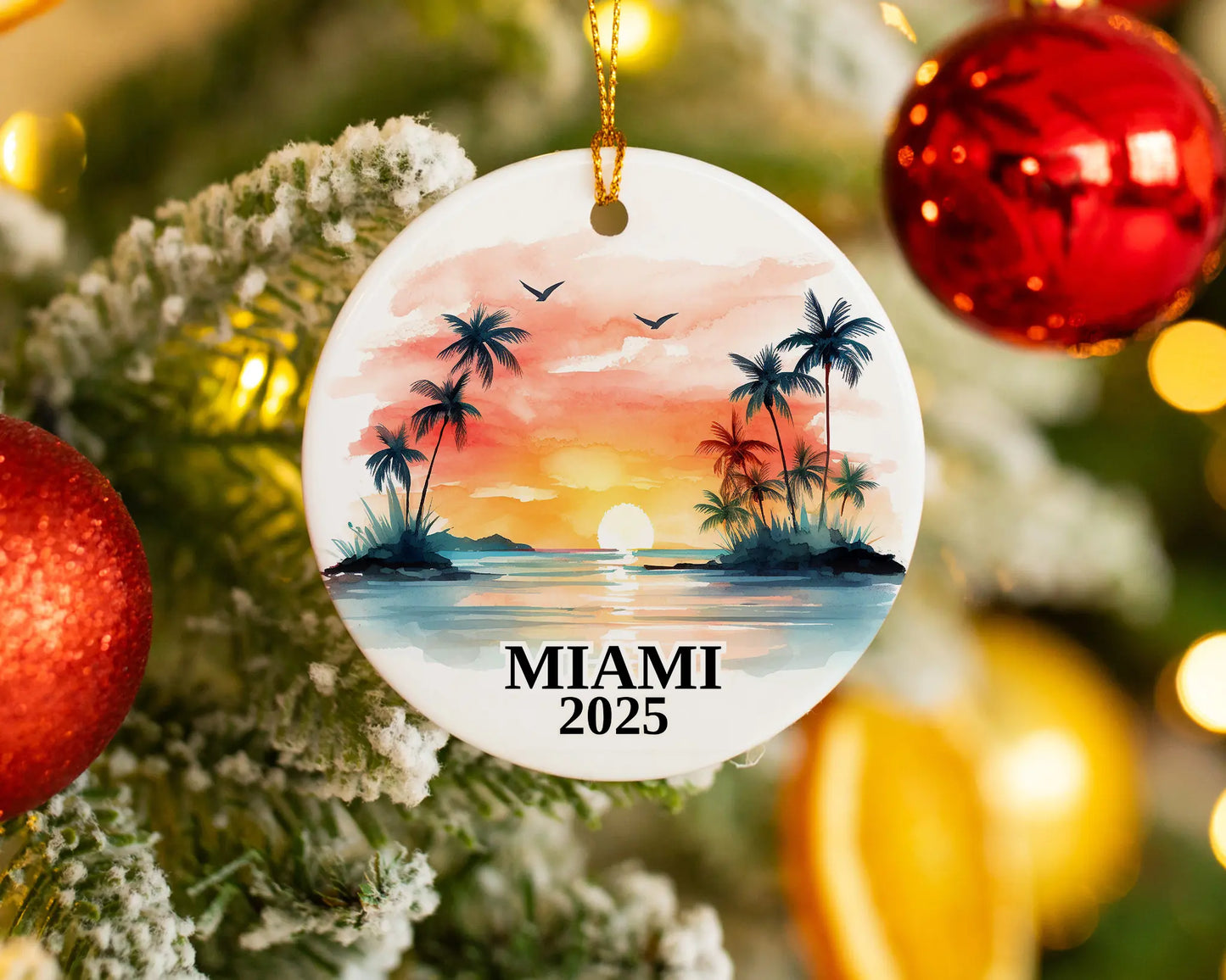 Custom Miami Florida ceramic photo ornament with personalized message – handmade Christmas bauble, gift souvenir, or vacation keepsake.  