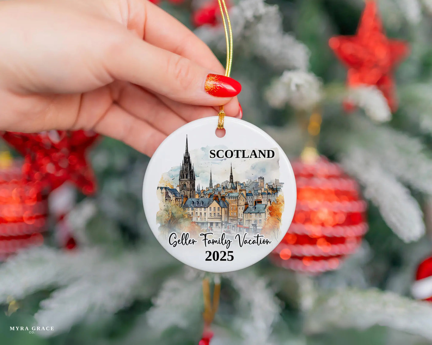 Custom vacation Scotland Edinburgh ceramic photo ornament with personalized message – handmade Christmas bauble, gift souvenir, or vacation keepsake. 
