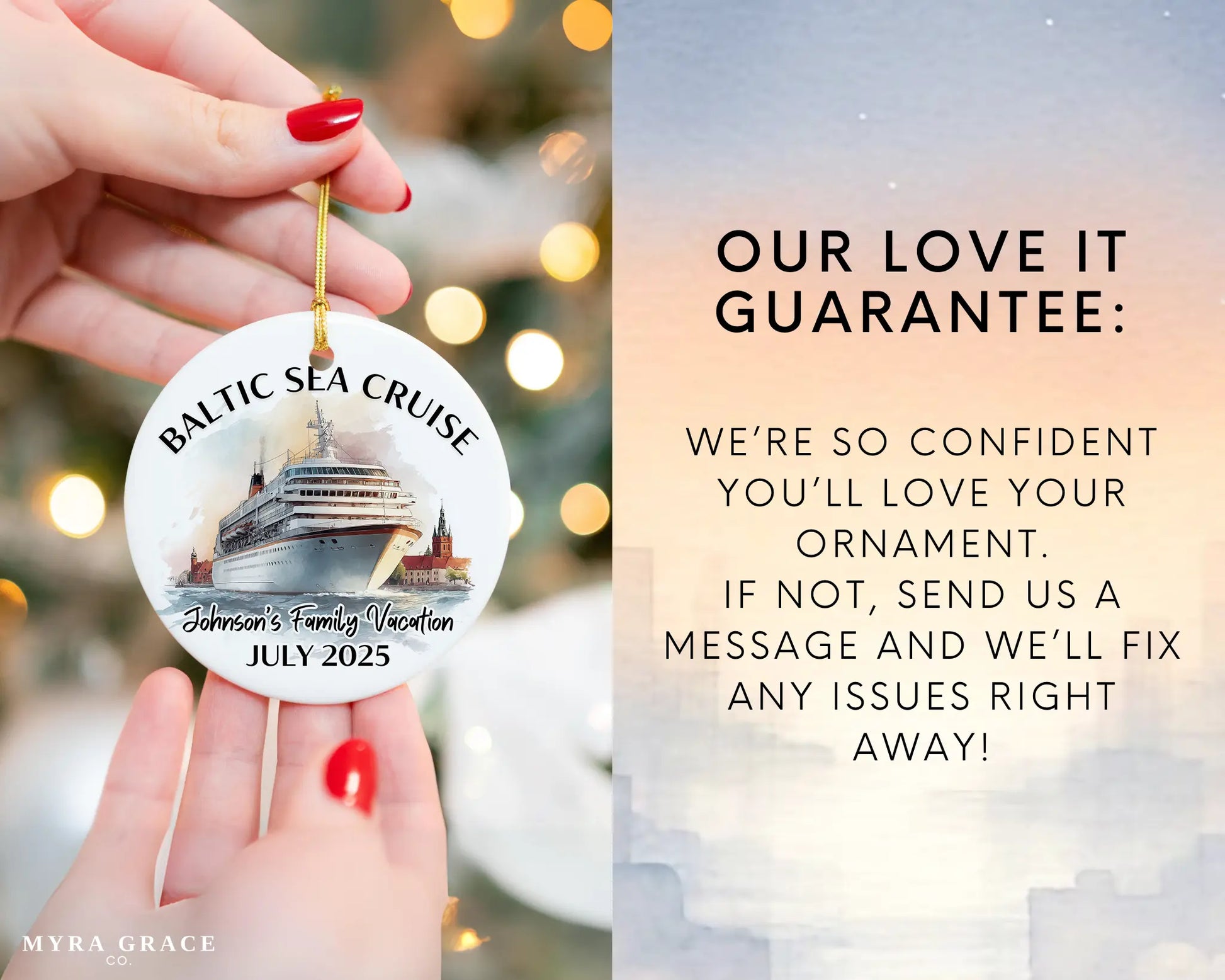 Handmade ceramic Baltic Sea Scandinavia cruise ornament with personalized location and photo – custom Christmas bauble or cruise vacation souvenir. Love it guarantee