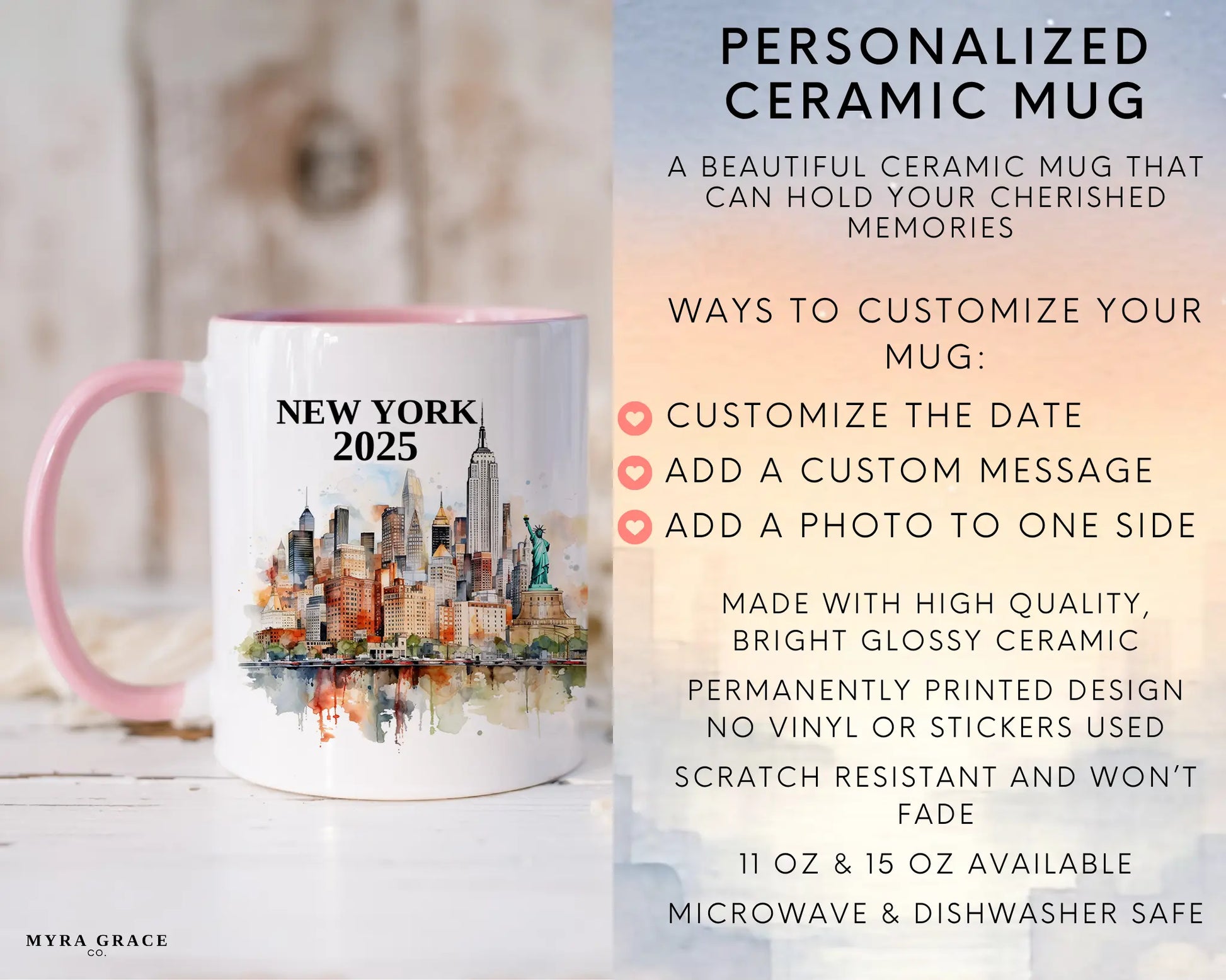 Custom ceramic New York vacation mug with watercolor location design, date, and personal photo – personalized travel gift or photo mug. Infographic