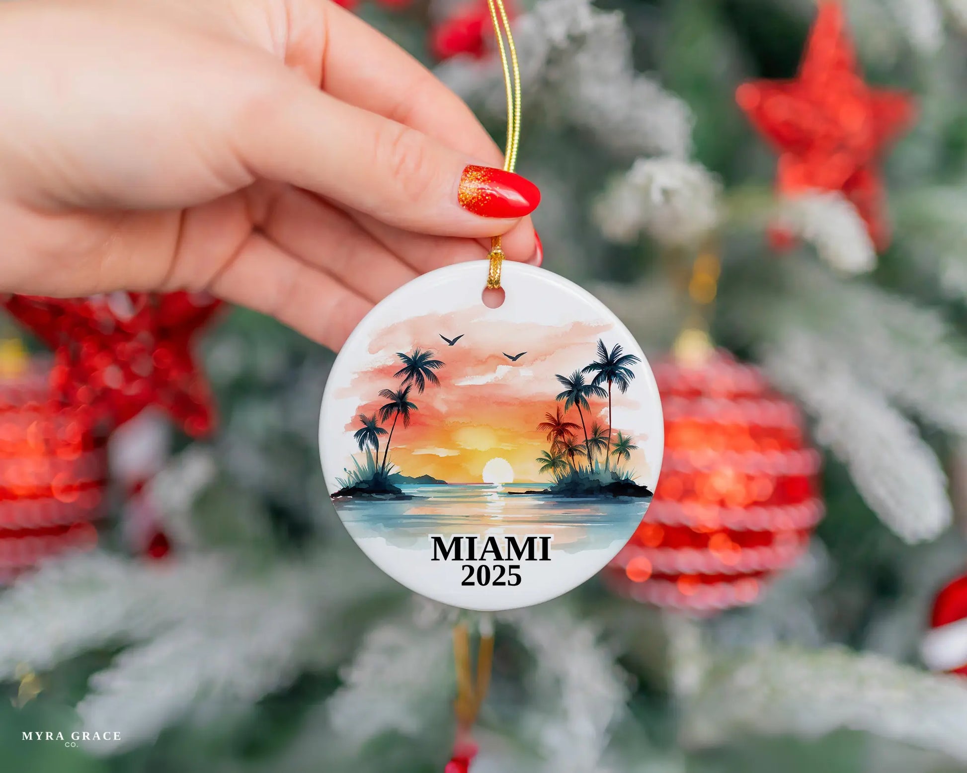 Custom Miami Florida ceramic photo ornament with personalized message – handmade Christmas bauble, gift souvenir, or vacation keepsake.  
