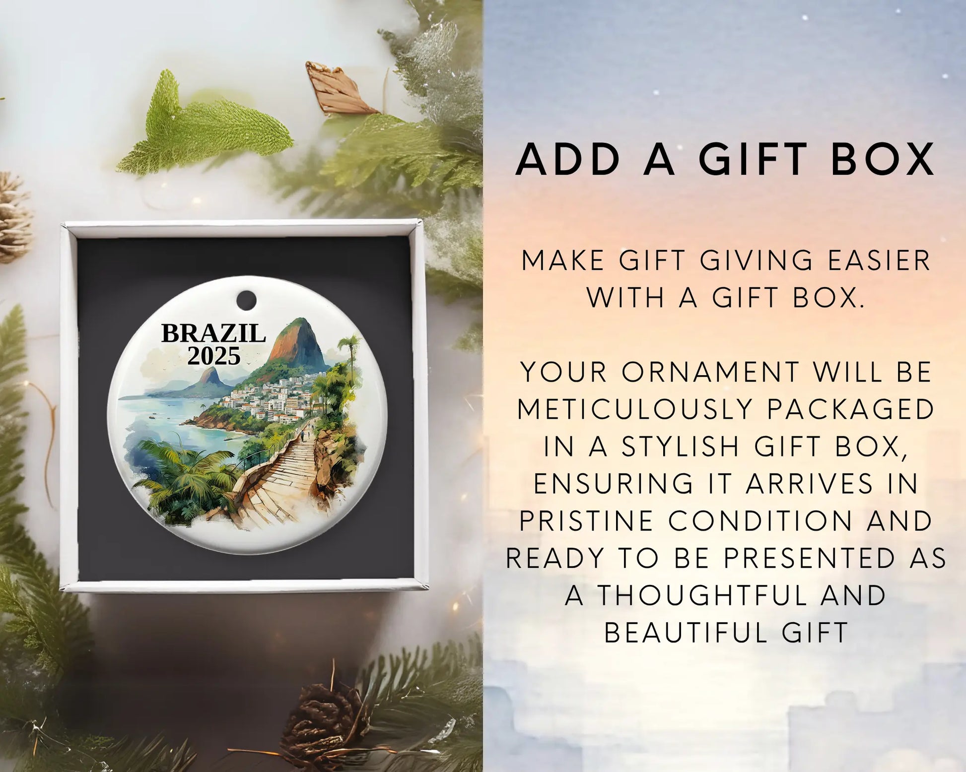 Custom Brazil ceramic photo ornament with personalized message – handmade Christmas bauble, gift souvenir, or vacation keepsake. Add Gift Box