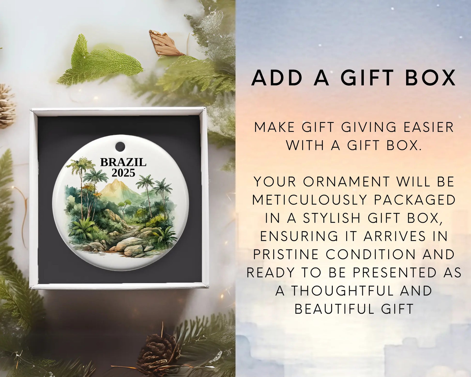 Custom Brazil ceramic photo ornament with personalized message – handmade Christmas bauble, gift souvenir, or vacation keepsake. Add Gift Box