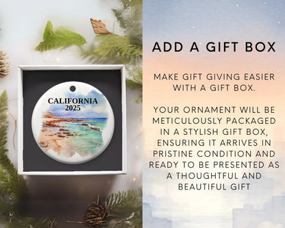 Custom California ceramic photo ornament with personalized message – handmade Christmas bauble, gift souvenir, or vacation keepsake.  add gift box