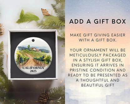 Custom California ceramic photo ornament with personalized message – handmade Christmas bauble, gift souvenir, or vacation keepsake.  add gift box