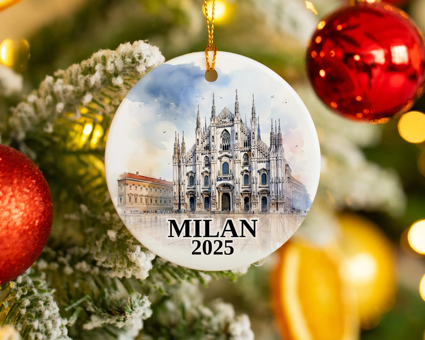 Custom Milan Italy ceramic photo ornament with personalized message – handmade Christmas bauble, gift souvenir, or vacation keepsake.  