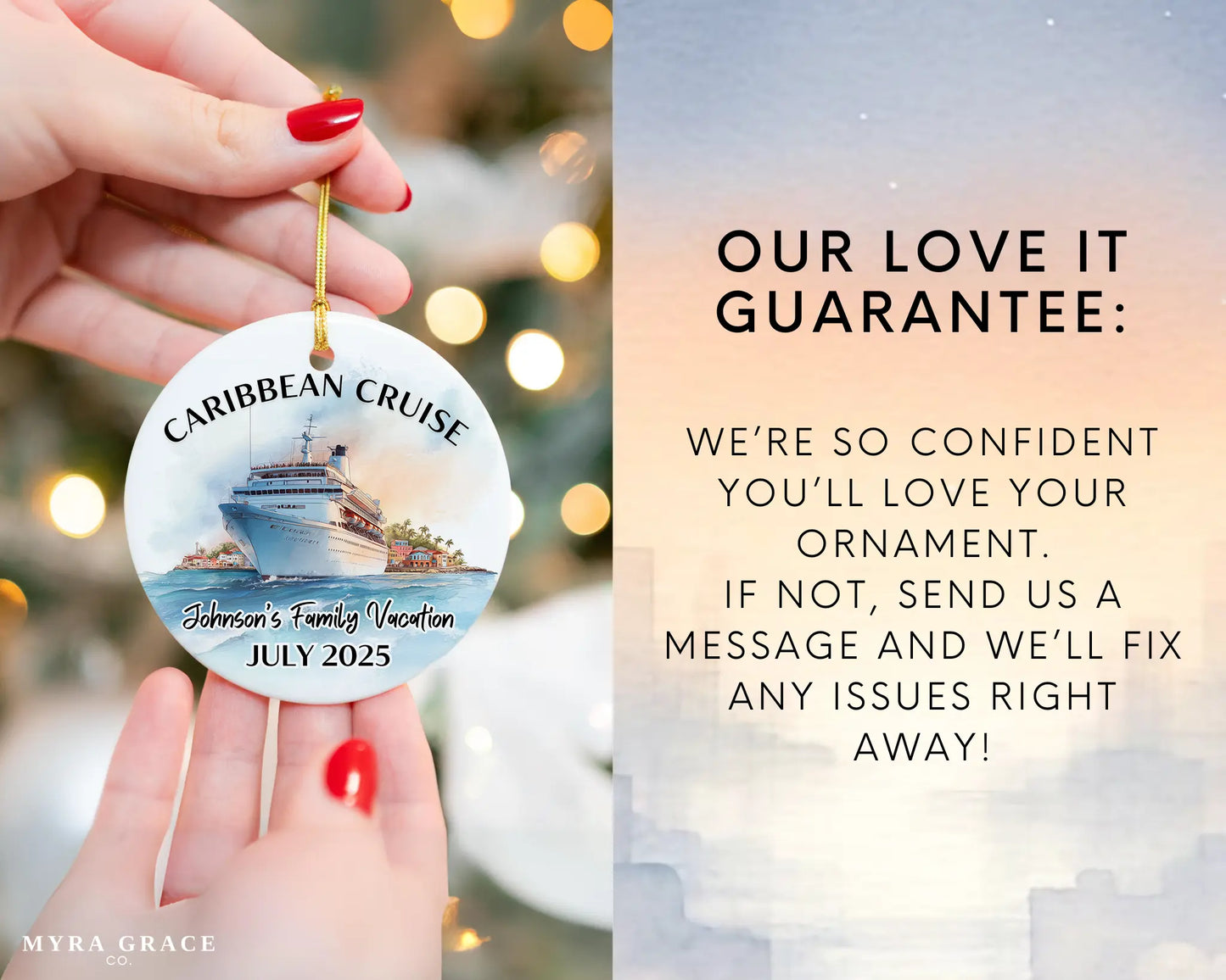 Handmade ceramic Caribbean cruise ornament with personalized location and photo – custom Christmas bauble or cruise vacation souvenir. Love it guarantee