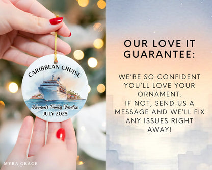 Handmade ceramic Caribbean cruise ornament with personalized location and photo – custom Christmas bauble or cruise vacation souvenir. Love it guarantee