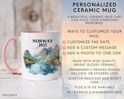 Custom ceramic Norway vacation mug with watercolor location design, date, and personal photo – personalized travel gift or photo mug. Infographic