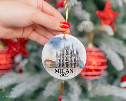 Custom Milan Italy ceramic photo ornament with personalized message – handmade Christmas bauble, gift souvenir, or vacation keepsake.  