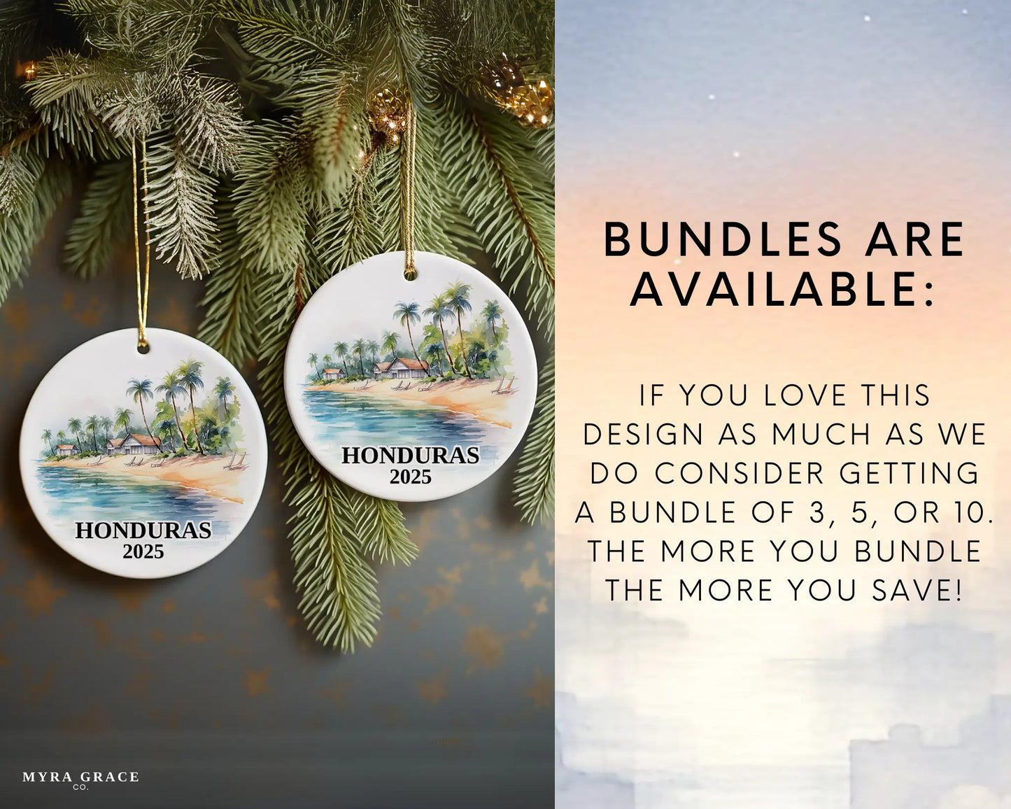 Custom Honduras ceramic photo ornament with personalized message – handmade Christmas bauble, gift souvenir, or vacation keepsake. Bundles are available