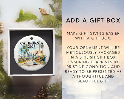 Custom California ceramic photo ornament with personalized message – handmade Christmas bauble, gift souvenir, or vacation keepsake.  add gift box