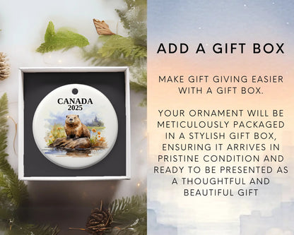 Custom Canada ceramic photo ornament with personalized message – handmade Christmas bauble, gift souvenir, or vacation keepsake.  add gift box