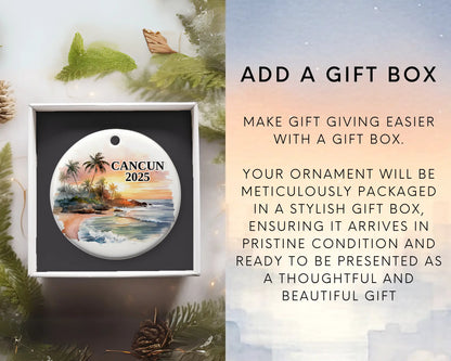 Custom Cancun, Mexico ceramic photo ornament with personalized message – handmade Christmas bauble, gift souvenir, or vacation keepsake.  Add gift box