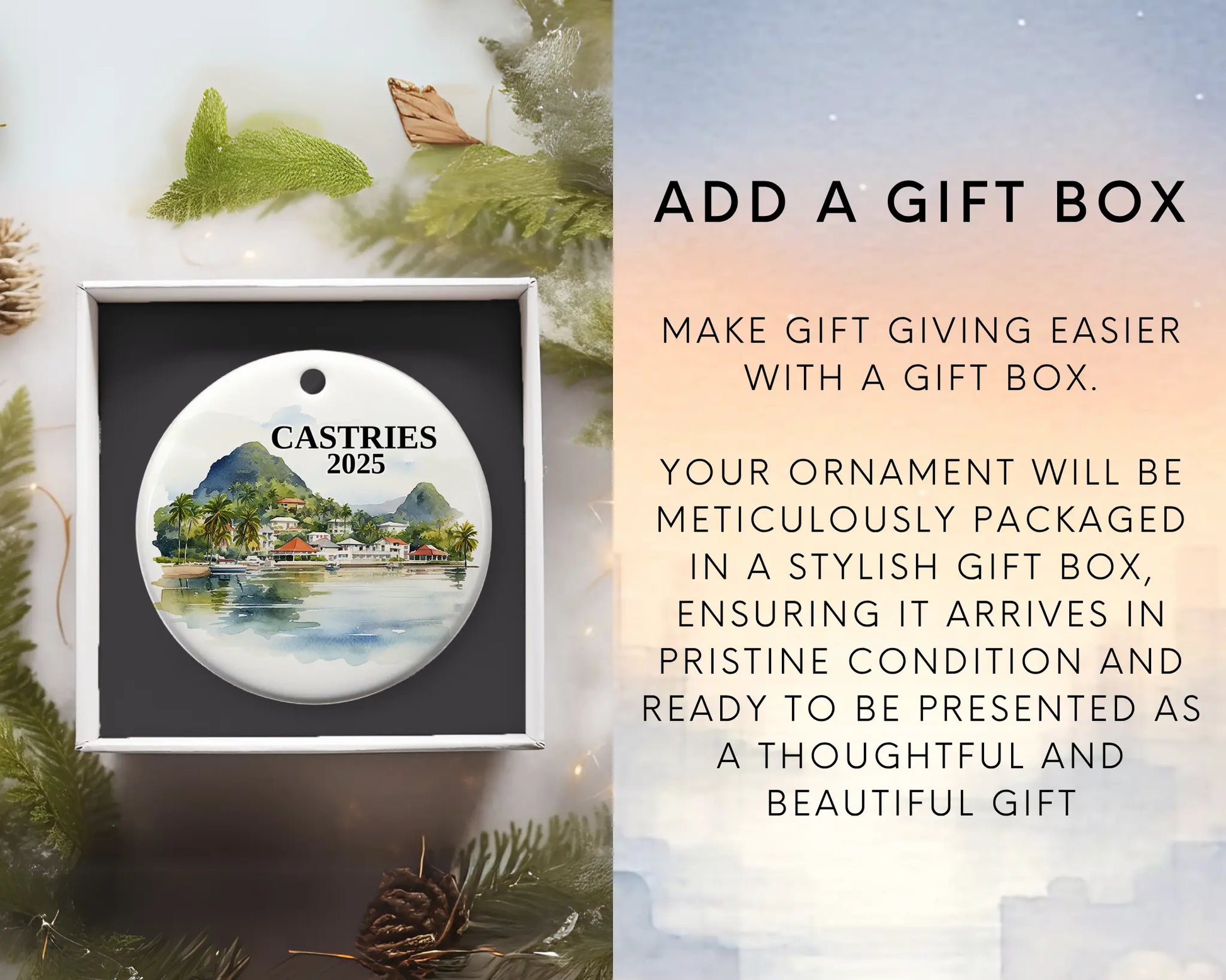 Custom Castries Saint Lucia ceramic photo ornament with personalized message – handmade Christmas bauble, gift souvenir, or vacation keepsake.  Add gift box