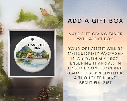 Custom Castries Saint Lucia ceramic photo ornament with personalized message – handmade Christmas bauble, gift souvenir, or vacation keepsake.  Add gift box
