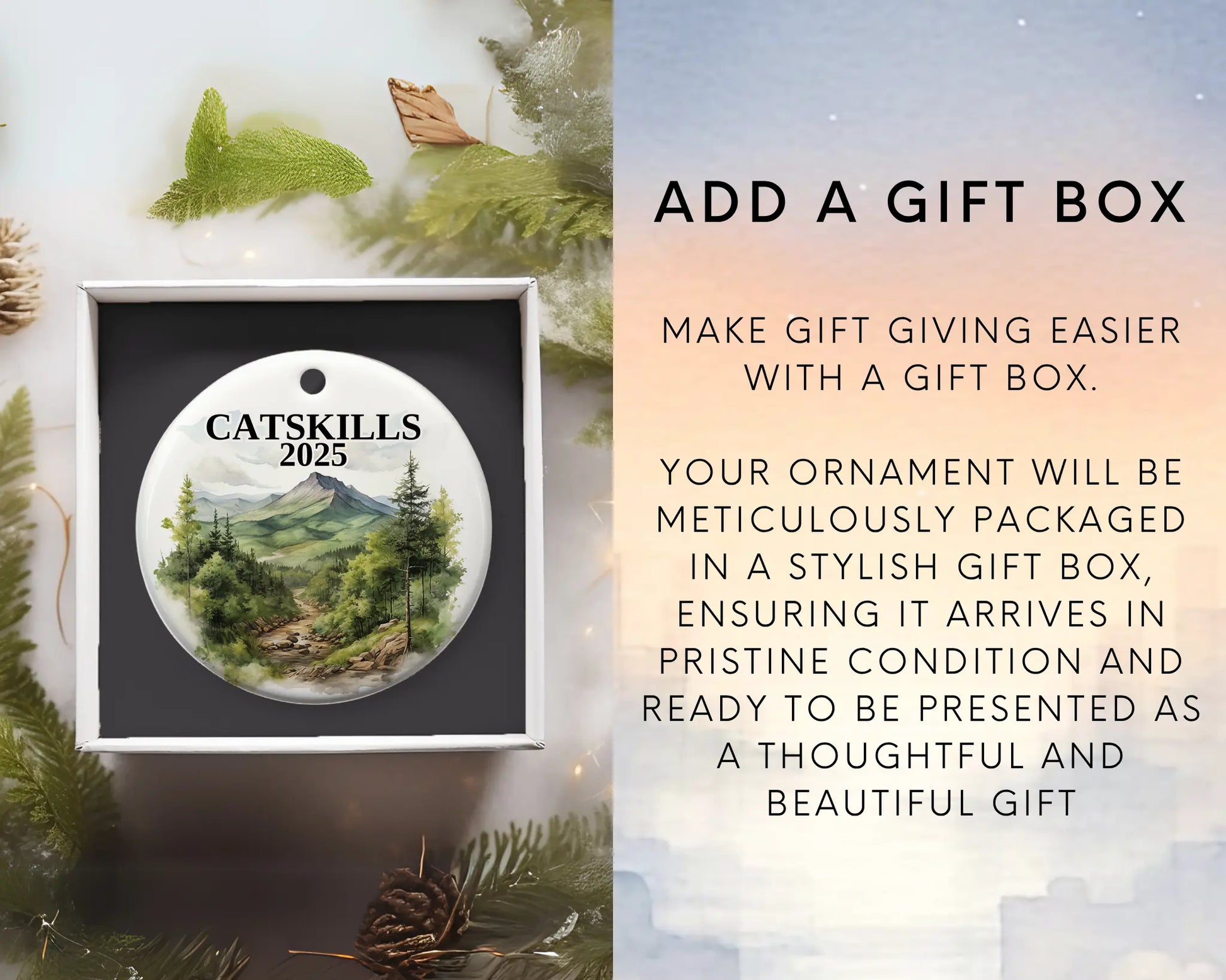 Custom Catskills ceramic photo ornament with personalized message – handmade Christmas bauble, gift souvenir, or vacation keepsake.  Add gift box
