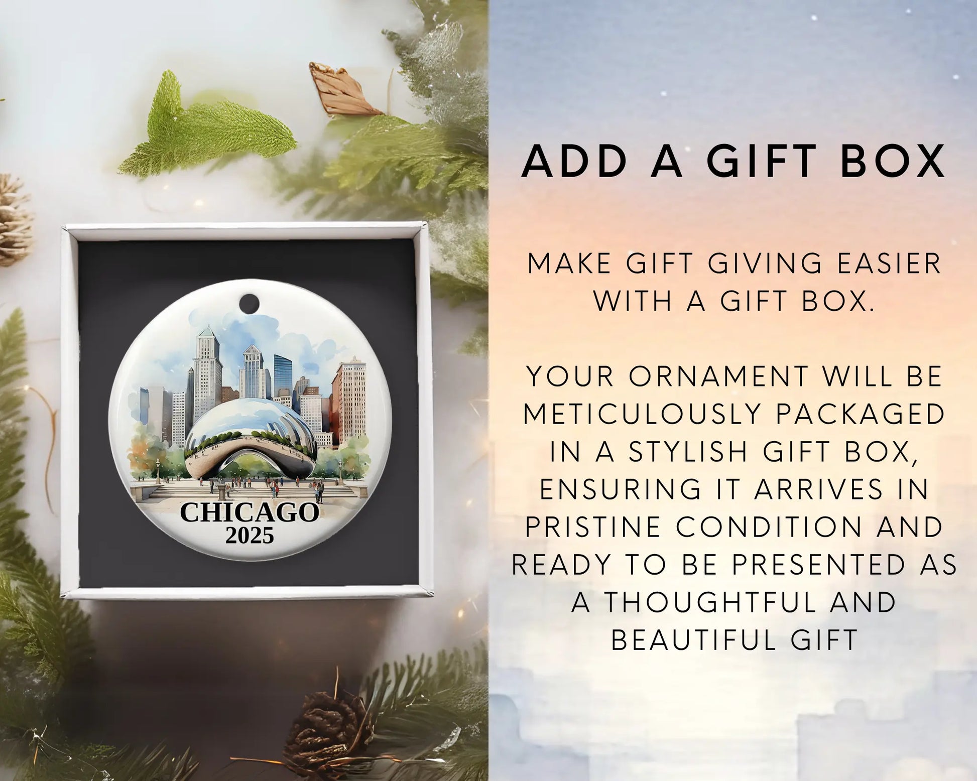 Custom Chicago ceramic photo ornament with personalized message – handmade Christmas bauble, gift souvenir, or vacation keepsake.  Add gift box