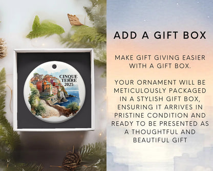 Custom Cinque Terre Italy ceramic photo ornament with personalized message – handmade Christmas bauble, gift souvenir, or vacation keepsake.  add gift box
