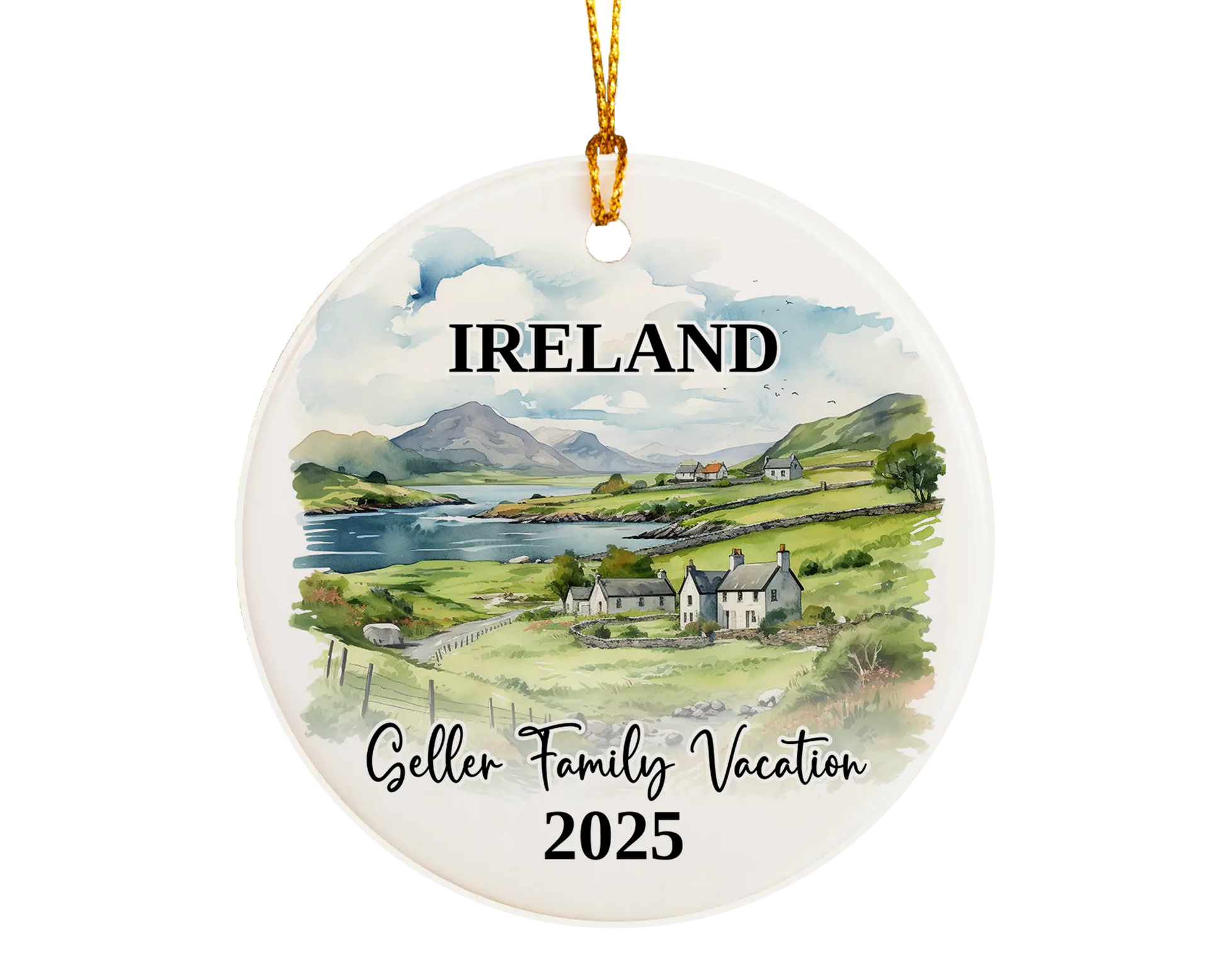 Custom vacation Ireland ceramic photo ornament with personalized message – handmade Christmas bauble, gift souvenir, or vacation keepsake. 