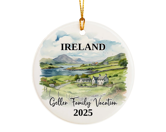 Custom vacation Ireland ceramic photo ornament with personalized message – handmade Christmas bauble, gift souvenir, or vacation keepsake. 