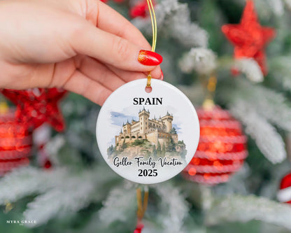 Custom vacation Spain ceramic photo ornament with personalized message – handmade Christmas bauble, gift souvenir, or vacation keepsake. 