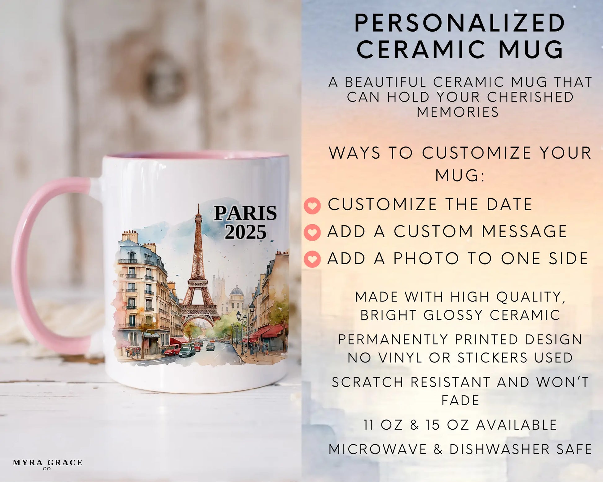 Custom ceramic Paris France vacation mug with watercolor location design, date, and personal photo – personalized travel gift or photo mug. Infographic