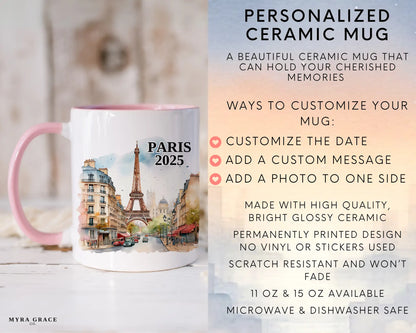 Custom ceramic Paris France vacation mug with watercolor location design, date, and personal photo – personalized travel gift or photo mug. Infographic
