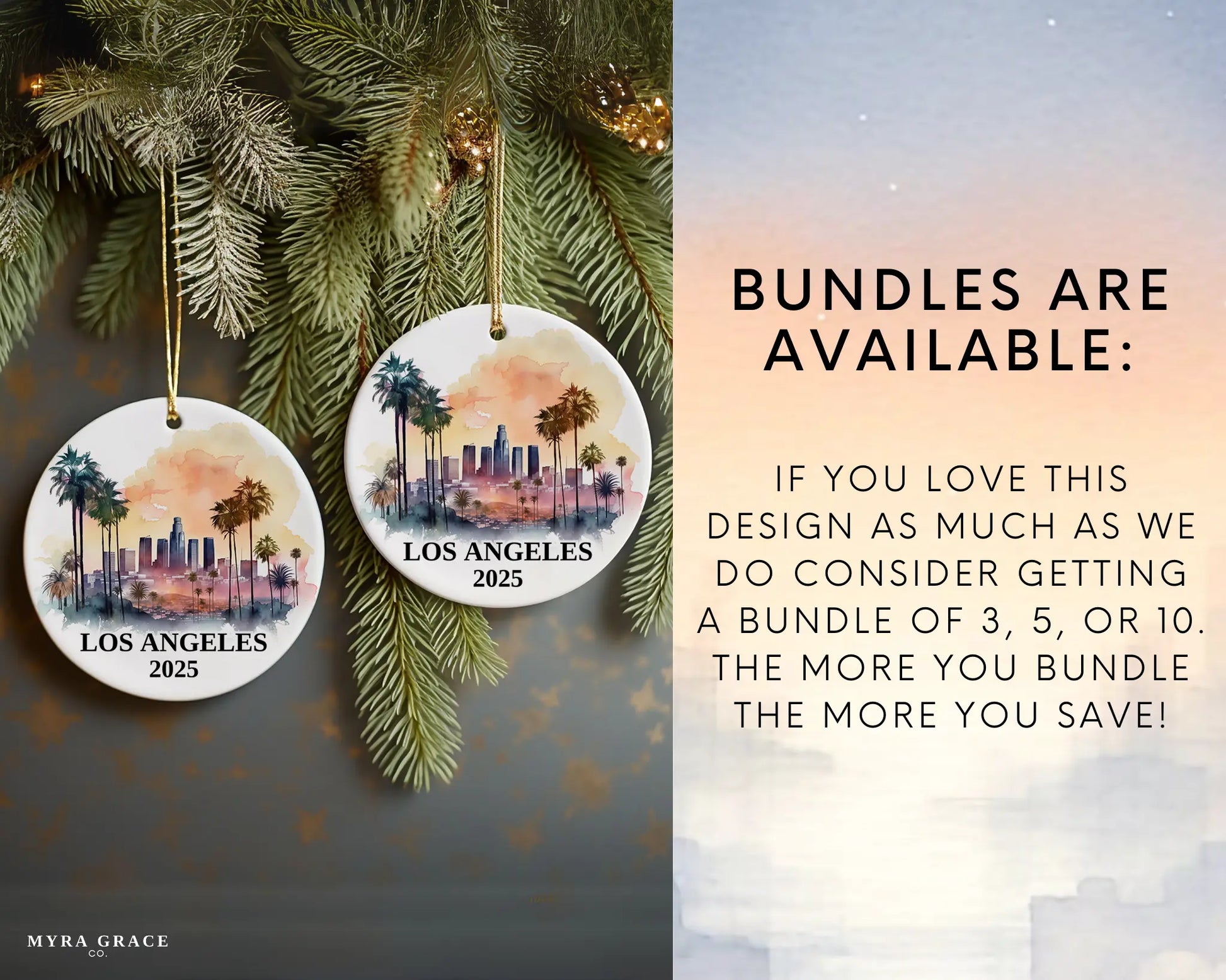 Custom Los Angeles California ceramic photo ornament with personalized message – handmade Christmas bauble, gift souvenir, or vacation keepsake.  Bundles are available