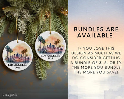 Custom Los Angeles California ceramic photo ornament with personalized message – handmade Christmas bauble, gift souvenir, or vacation keepsake.  Bundles are available