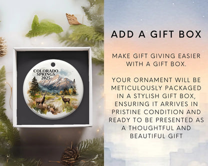 Custom Colorado Springs ceramic photo ornament with personalized message – handmade Christmas bauble, gift souvenir, or vacation keepsake.  Add gift box