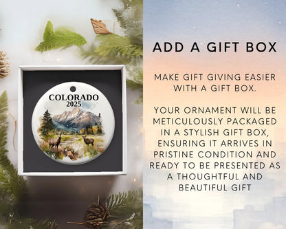 Custom Colorado ceramic photo ornament with personalized message – handmade Christmas bauble, gift souvenir, or vacation keepsake.  Add gift box